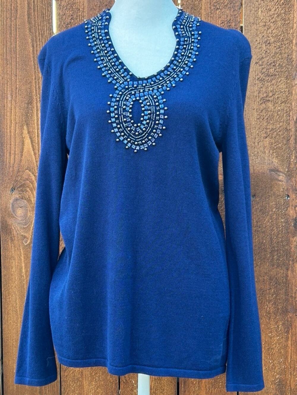 Shana Womens S Royal Blue Embellished Neck Long Sleeve Knit NWOT